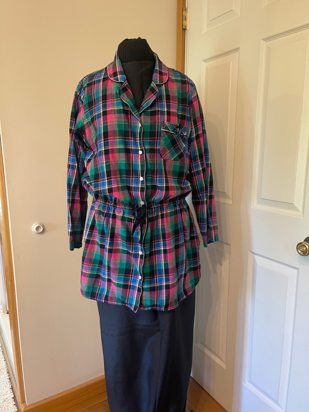 VS Plaid Button-Up Flannel Tunic with Drawstring Waist - Green, Pink, Blue